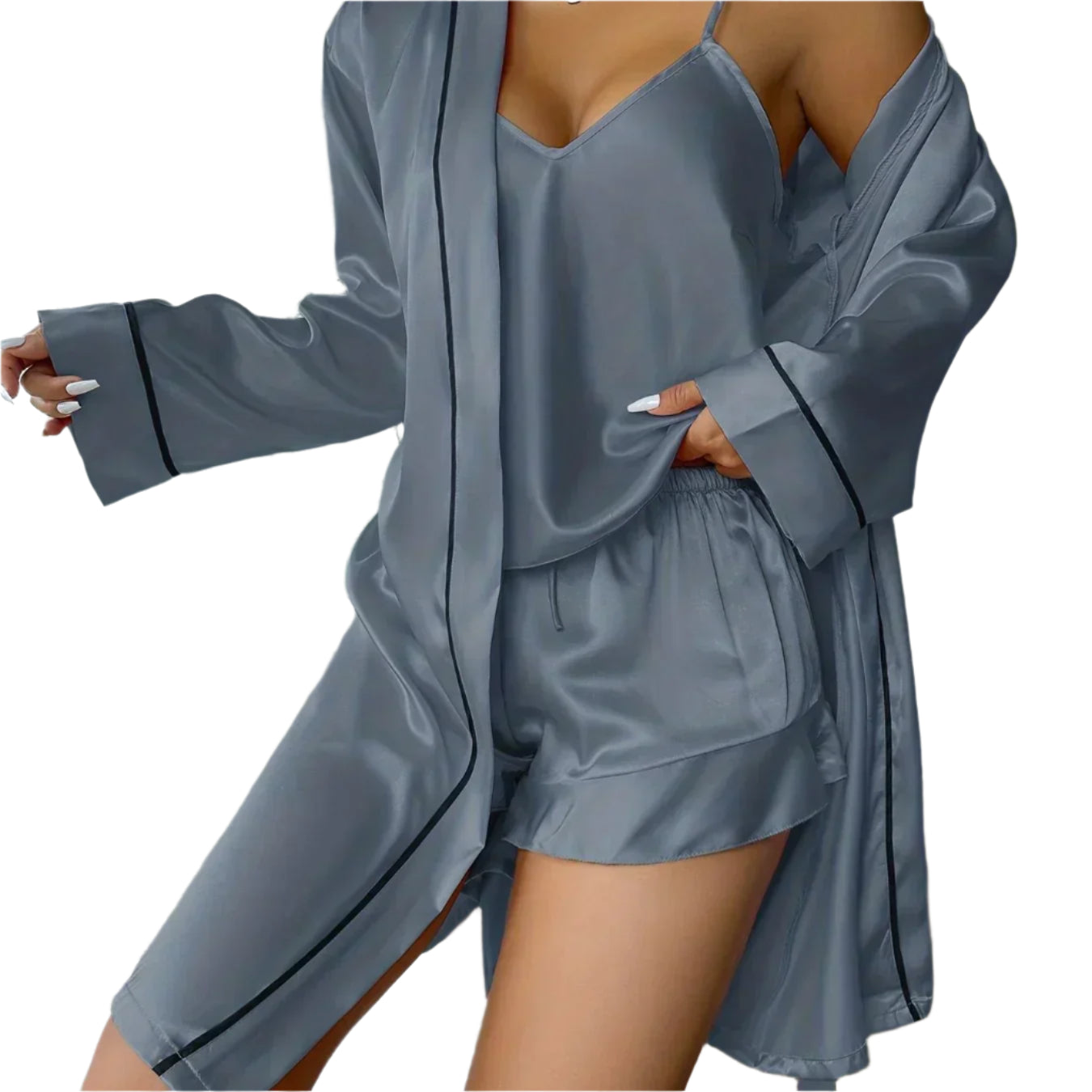 Elegant Satin Sæt med Kimono, Top og Shorts | Komfort til Hjemmet