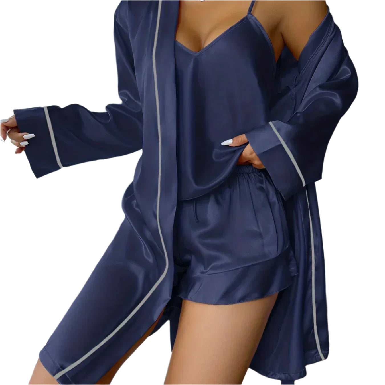 Elegant Satin Sæt med Kimono, Top og Shorts | Komfort til Hjemmet