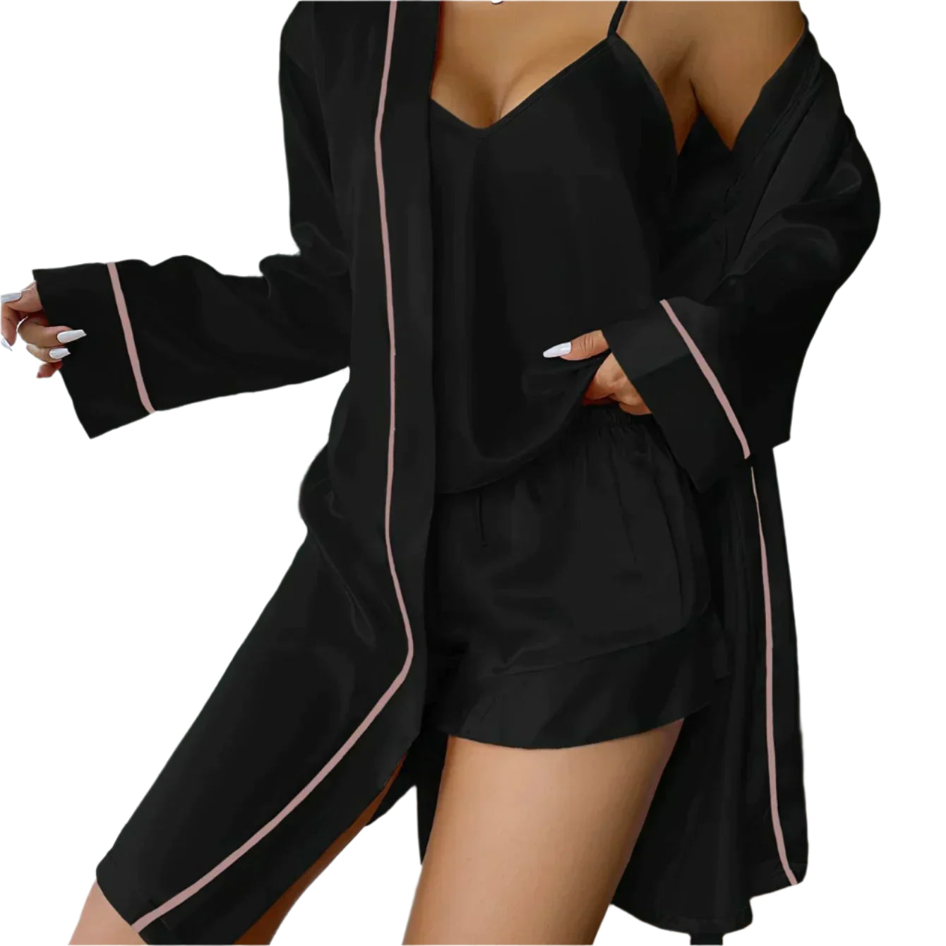 Elegant Satin Sæt med Kimono, Top og Shorts | Komfort til Hjemmet