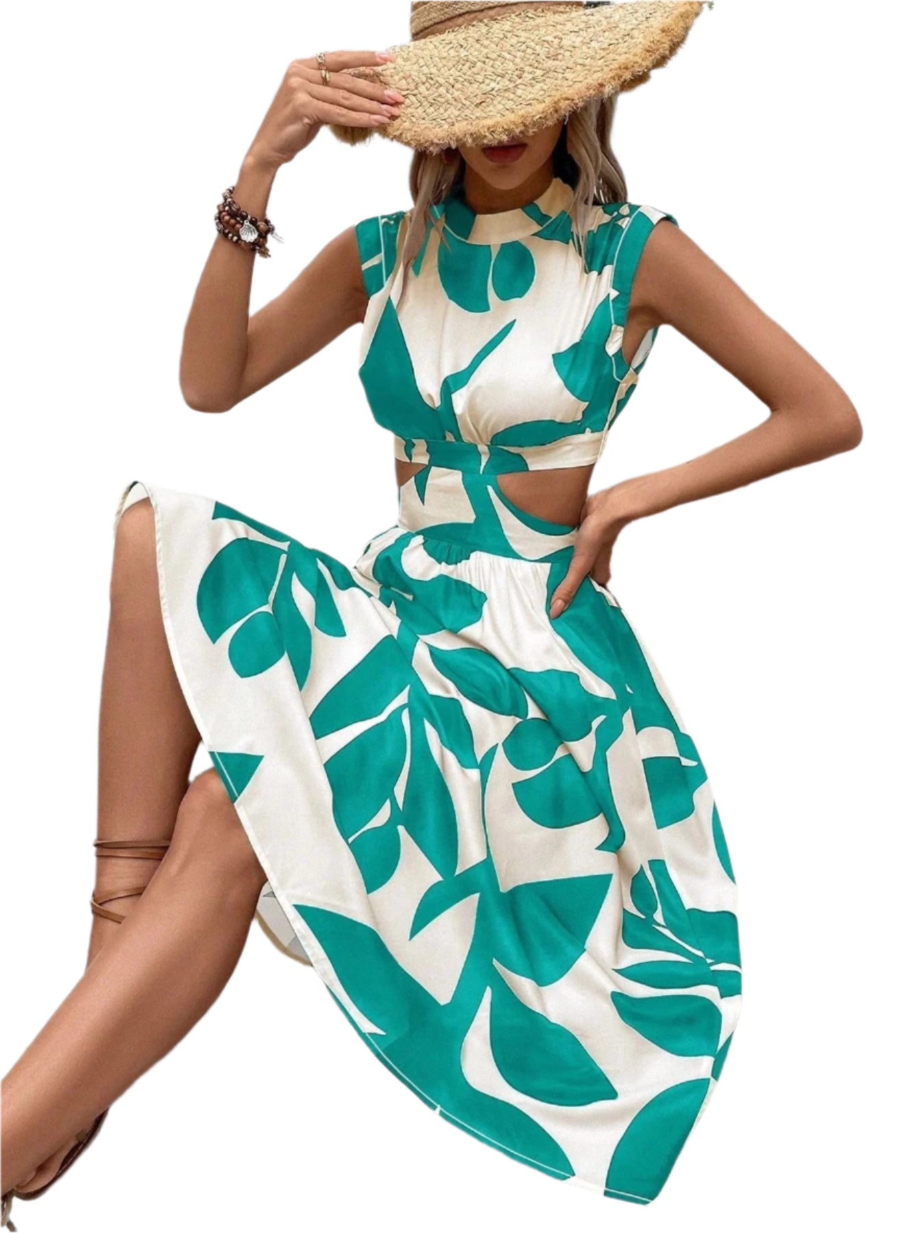 Sommerkjole med Bladmotiv og Cut-Out Design | Chic og Feminin